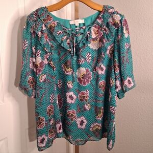 Loft Teal Floral Flowy Boho Blouse XL
